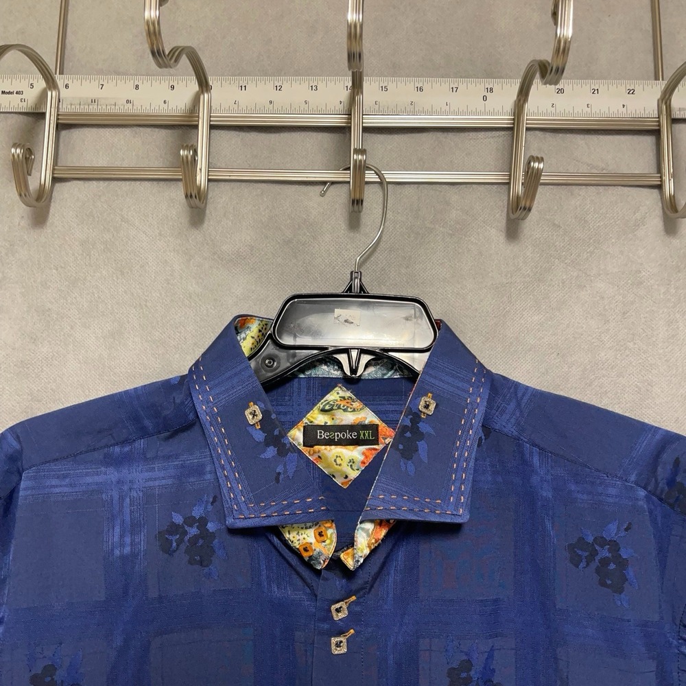 Bespoke Shirt Men's 2XL Blue Party Flowers‎ Plaid Geometric Academia Flip Cuff